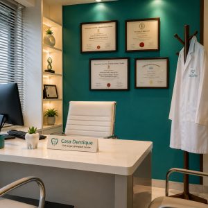 Specialist dental clinic consultation room at Casa Dentique Seawoods with framed medical degree certificates on teal accent wall and white coat on coat stand