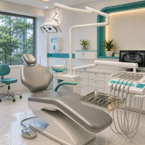 Modern dental treatment room at Casa Dentique Seawoods with dental chair overhead light and sterile instrument tray showing full specialist dental services available in Navi Mumbai